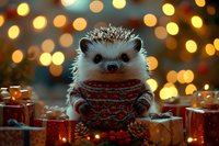 Adorable hedgehog wearing festive sweater surrounded by holiday gifts and warm bokeh lights creating magical Christmas atmosphere for seasonal greeting cards.