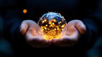 Glowing magical sphere with golden light particles floating between cupped hands against dark background, creating mystical atmosphere for spiritual concepts.