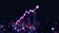 Glowing purple financial chart arrow rising over blurred night city skyline with bokeh lights, showing upward market trend and business growth concept.