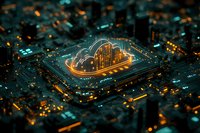 Glowing cloud computing symbol on circuit board with orange and teal lighting effects, representing digital transformation and data storage technology.