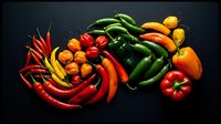 Colorful assortment of fresh hot peppers including red chili, green jalapeño, orange habanero and yellow varieties arranged on dark background for cooking.