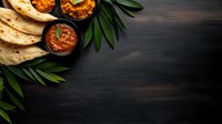 Traditional Indian curry dishes served with naan bread and tropical palm leaves on dark wooden background with copy space for menu or recipe design.