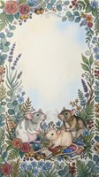 Watercolor floral frame with cute mice family among roses, lavender and botanical elements on textured paper background for greeting cards and invitations.