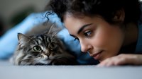 Young woman with curly hair lying close to adorable tabby kitten on bed. Tender moment between pet owner and fluffy cat showing love and companionship at home.