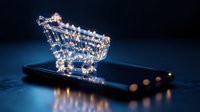 Glowing shopping cart wire frame with fairy lights on smartphone against dark background, symbolizing digital commerce and mobile shopping experience.