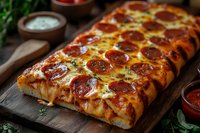 Homemade pepperoni pizza with melted cheese and crispy crust on wooden cutting board, served with marinara sauce and fresh herbs for restaurant menu.