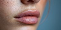 Close up view of plump, glossy natural pink lips and smooth skin against blurred teal background, showing feminine beauty and skincare results.