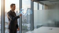 Professional businessman in dark suit interacting with holographic network interface in modern office environment for technology and business concepts.