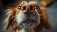 Close-up portrait of adorable golden retriever dog nose and mouth with whiskers, shallow depth of field creating dreamy bokeh background effect.