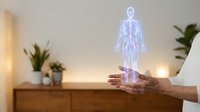 Holographic human anatomy projection floating above open palm in modern interior with warm lighting and plants for medical technology presentations.
