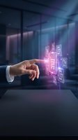 Businessman hand touching holographic shopping icons with glowing digital interface for ecommerce and online retail technology solutions.