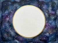 Watercolor cosmic space frame with golden circle border and starry galaxy background for text, logos, and celestial design projects.