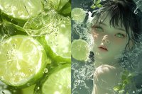 Young Asian woman underwater with lime slices, water splashes and droplets creating dreamy atmosphere. Fresh citrus concept combining beauty and nature in green tones.