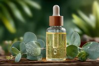 Glass dropper bottle with golden essential oil or serum against green natural background with eucalyptus leaves on wooden surface. Skincare and aromatherapy concept.