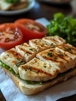Grilled chicken breast sliced and served on toasted bread with fresh greens, tomato slices, and herb garnish for lunch or dinner meal preparation.