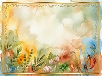 Watercolor garden scene with wildflowers, botanical elements, and ornate gold frame border on cream background. Suitable for stationery, invitations, and decorative design projects.