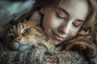 Young Caucasian woman with closed eyes cuddling fluffy ginger cat on cozy knitted blanket. Tender moment of connection between pet owner and feline companion in soft natural light.