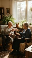 Two senior adults toasting with glasses in a sunlit living room filled with plants, books, and warm natural light from large windows.