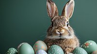 Adorable brown bunny rabbit with long ears peeking over pastel Easter eggs in mint green, coral and blue colors against dark green background. Festive spring composition.