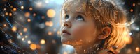 Young Caucasian girl with blonde hair gazing upward in wonder, surrounded by magical glowing bokeh lights and sparkles against dark background, creating dreamy atmosphere.