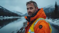Middle-aged Caucasian man in bright orange safety jacket standing by snowy mountain lake during winter twilight for outdoor work and emergency services.