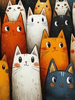 Colorful cartoon cats with big eyes in folk art style arranged in rows, featuring orange, white, black and grey felines with simple expressions and textured finish.