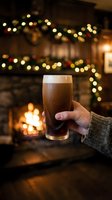 Hand holding a pint glass of dark beer in front of a cozy fireplace with festive garland and warm lights, perfect for holiday beverage and winter celebration content.