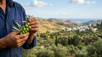 Farmer holding fresh green olives in hands with Mediterranean orchard landscape and coastal hills in background during harvest season.