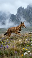 Red fox walking through alpine meadow with wildflowers against dramatic misty mountain backdrop in natural wilderness habitat.