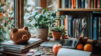 Cozy home office workspace with piggy bank, laptop, books, potted plants, and fresh fruit on wooden desk near window. Natural light creates warm atmosphere.