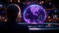 Young woman looking at glowing purple holographic Earth globe projection against dark background with bokeh lights and technological atmosphere.