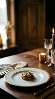Elegant fine dining table setting with plated appetizer, gold-rimmed dinnerware, crystal glasses, and candlelight in upscale restaurant interior for gourmet cuisine.