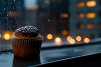 Chocolate muffin with powdered sugar on rainy window sill overlooking city lights at dusk, perfect for bakery, food, and cozy lifestyle content.