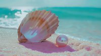 Pink seashell and pearl on sandy beach with turquoise ocean waves and sunlight bokeh, creating dreamy summer vacation atmosphere. Natural coastal composition.