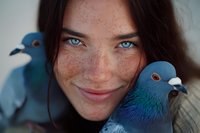 Young woman with freckles and blue eyes smiling while holding two blue pigeons close to her face in intimate portrait for pet care and animal lover concepts.