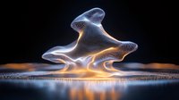 Ethereal glowing particle formation floating above reflective surface with orange light beneath, creating mysterious atmospheric effect against dark background.