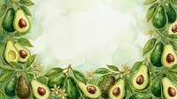 Avocado halves with leaves and flowers arranged in a frame on watercolor background, suitable for food blogs, recipes, and wellness content.
