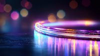 Glowing neon light trails with bokeh effect create vibrant purple and blue reflections on dark surface, abstract background with blurred circles and motion blur effect.