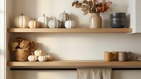 Autumn kitchen shelves with white pumpkins, dried flowers and ceramic dishes creating cozy seasonal home decor for fall interior design and styling.