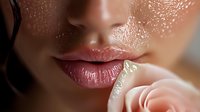Close up macro shot of plump glossy pink lips with water droplets and dewy skin texture showing natural moisturized glow against soft blurred background.