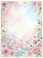 Watercolor floral frame with purple and pink roses, gold ornamental swirls, hearts, and botanical elements on white background. Isolated design ready for invitations, cards, and print projects.