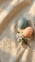 Happy Easter greeting with pastel blue and peach eggs on linen fabric, white cherry blossoms, soft sunlight shadows, and golden script text.
