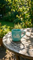 Turquoise ceramic mug with Hello inscription on rustic wooden garden table, surrounded by lush green plants in warm sunlight.