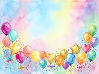 Colorful balloons and stars float against a soft watercolor gradient background in pastel pink, blue, yellow, and green tones. Ideal for celebrations, invitations, and festive designs.