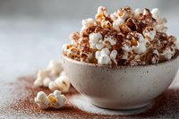 Fresh popcorn dusted with cocoa powder in ceramic bowl, perfect for movie night snacks or party appetizers.