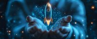 Glowing rocket launching from open palms against starry blue background, symbolizing business growth, startup launch and innovation success.
