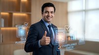 Professional businessman giving thumbs up with digital compliance and planning icons in modern office environment for corporate success presentations.
