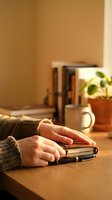 Cozy reading moment with hands resting on closed book at wooden desk with warm sunlight, coffee mug and plant creating peaceful home study atmosphere.