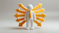 White 3D figure with orange tie standing in front of multiple yellow directional arrows pointing outward, representing business choices and decision-making concept.