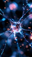 Glowing neuron cell with branching dendrites illuminated in blue and pink against dark background, showing neural network connectivity and brain activity.